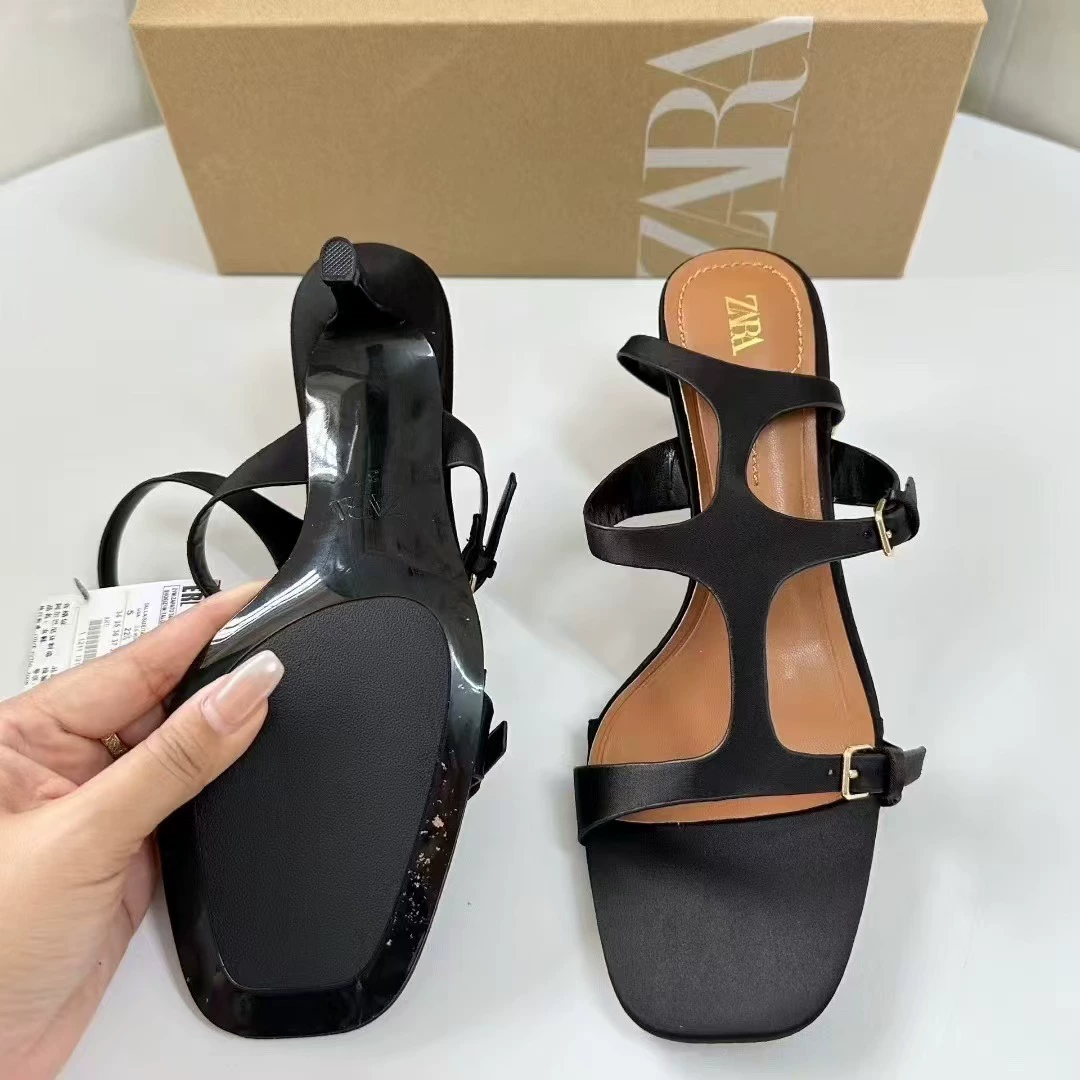 Zara, черный модный ремень с низким вырезом и стропой, сандалии, Испания