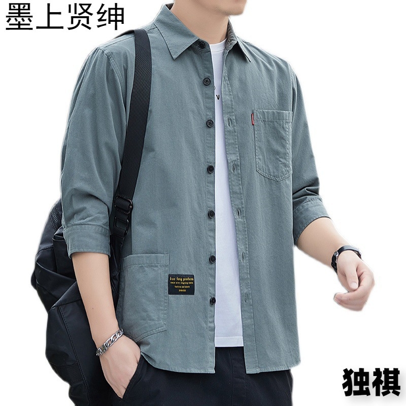 Primavera estilo Hong Kong camisa de trabajo de color sólido manga tres cuartos para hombre chaqueta hermosa camisa casual de moda