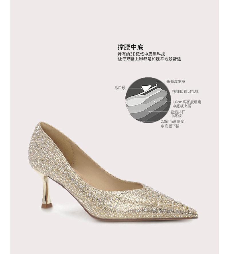 Giày cao gót nữ mũi nhọn gót mảnh đính đá sang trọng, gót 6–8 cm — Màu bạc, màu vàng kim, màu đỏ chi tiết 4