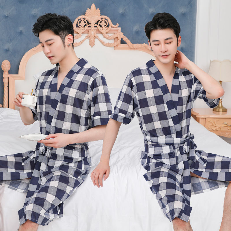 Camisón de manga corta pijamas de los hombres primavera y otoño albornoz algodón primavera y otoño mediados de longitud de algodón ropa de casa de verano