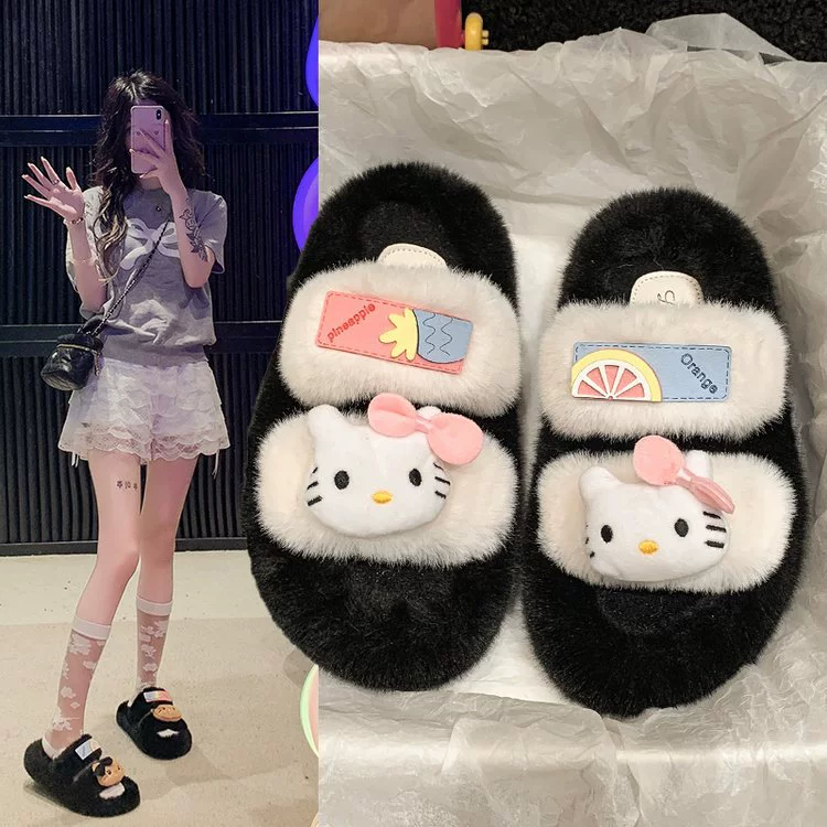 Интернет-красный котенок с толстым дном шерстяные тапочки женские осенью и зимой 2024 новые красивые юбки хлопчатобумажные тапочки