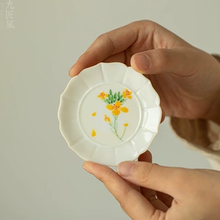 纯手绘杯垫釉下彩小黄花杯托隔热垫家用功夫茶具茶垫陶瓷茶道配件
