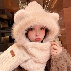 小熊帽子女冬季围巾手套一体三件套学生兔毛加绒加厚保暖毛绒帽子
