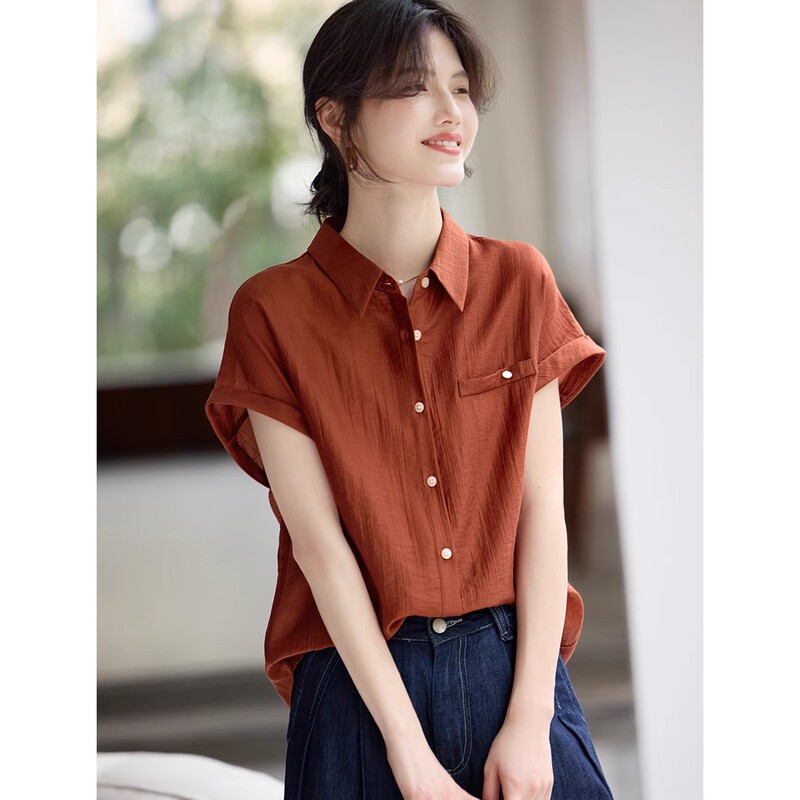 Relaxation Texture Short-sleeved Shirt Women's 2025 Summer Red Temperament Commuter Shirt