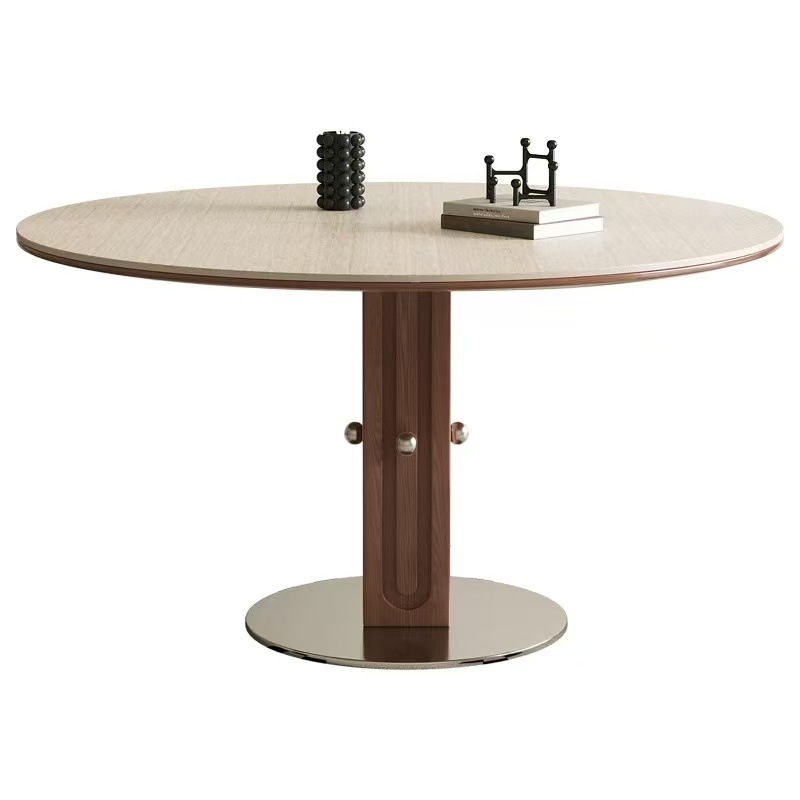Mesa de tablero de roca de travertino de madera maciza retro francesa mesa de comedor de tablero de roca de lujo ligero para el hogar pequeño apartamento mesa de comedor de madera maciza redonda medieval
