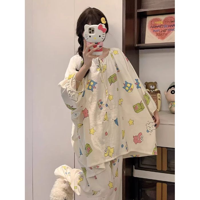 Pijamas de algodón nubes al por mayor transfronterizos de primavera y otoño de cuello redondo hoodie de mangas largas pantalones dulces y sueltos ropa para el hogar cómoda