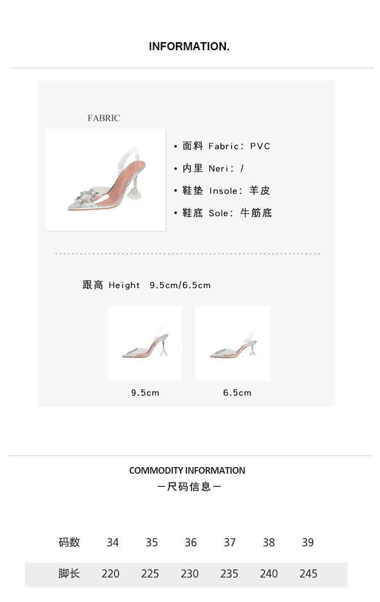 Giày cao gót nữ mũi nhọn bít mũi trong suốt đính pha lê gót nhọn 6,5 cm — Bạc 6,5cm chi tiết 5