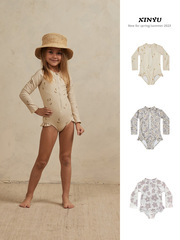 女童泳衣夏季寶寶ins風碎花連體泳裝女孩長袖防曬速干游泳衣批發