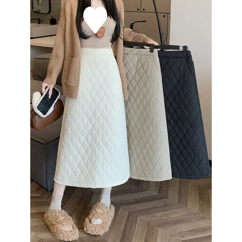Gonna midi GraceChic in cotone trapuntato spesso con spacco posteriore per donna, gonna aderente a trapezio a vita alta, calda e snellente per autunno inverno_voghion.com