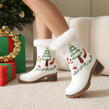 女雪地靴红色圣诞鞋圆头厚底粗跟高跟厚毛里短筒靴保暖女棉鞋短靴