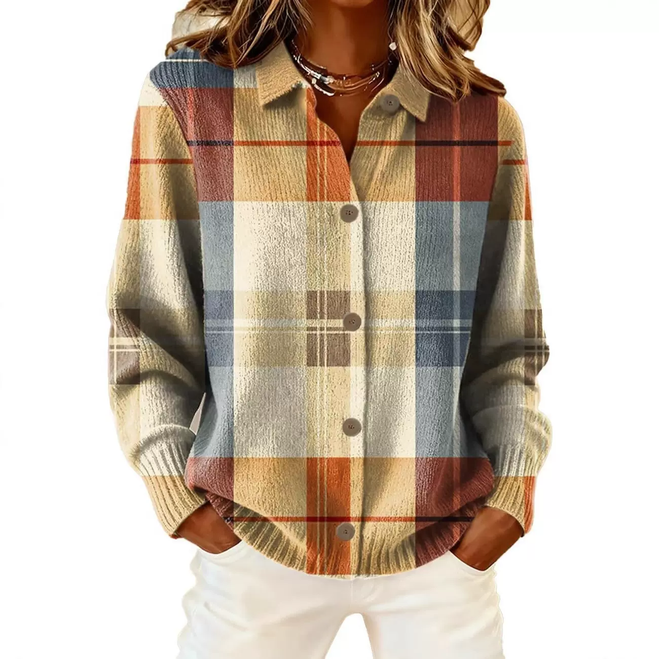 2025跨境秋冬季亚马逊独立站欧美彩色大格纹印花宽松长袖衬衫女装