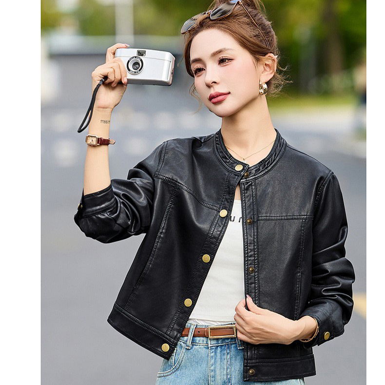 New Style Small Stand Collar Simple Windbreaker Motorcycle Leather Jacket Short Coat for Women Autumn and Winter Loose Casual Pu Fashion Versatile
