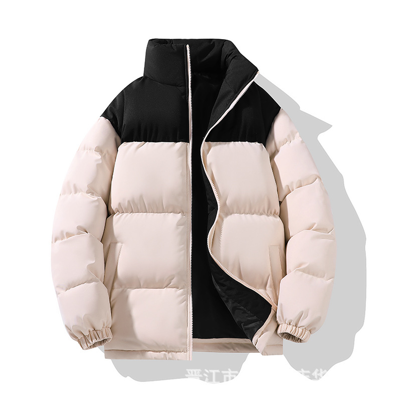 Chaqueta acolchada de algodón estilo pareja para otoño e invierno, corte ajustado, cuello alto con bloques de color, abrigo ligero de algodón, venta al por mayor, logotipo personalizable, dropshipping disponible.