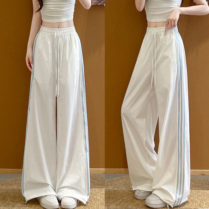 White Quick-Dry Striped Sports Cargo Pants for Women, Summer New Style, Color-Blocking, High-Waisted, Slimming, Casual Straight-Leg Wide-Leg Pants White Quick-Dry Striped Sports Cargo Pants for Women, Summer New Style, Color-Blocking, High-Waisted, Slimming, Casual Straight-Leg Wide-Leg Pants