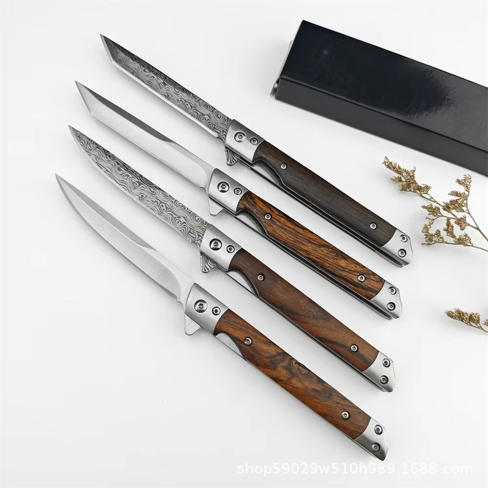 多用途户外野营快开小刀不锈钢随身高硬度折刀大马士革纹折叠刀