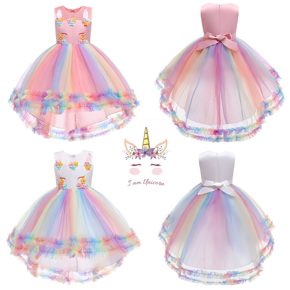 Filles Licorne traînant la robe de princesse de fleur robe de fille performance pour enfants robe moelleuse robe Licorne