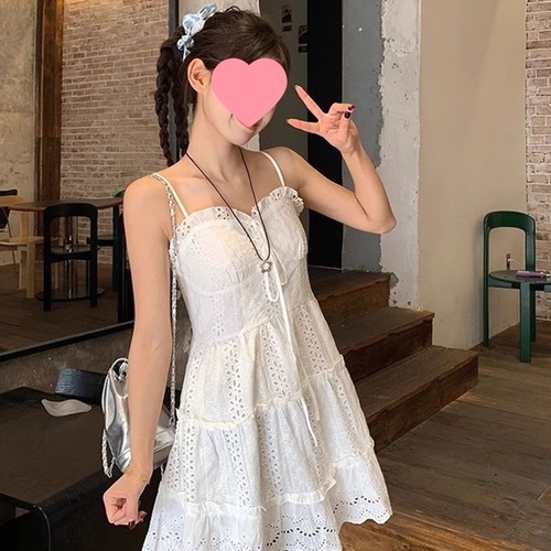 White lace strap dress for women, 2025 spring, can be worn as a layering piece, floral French ballet style dress