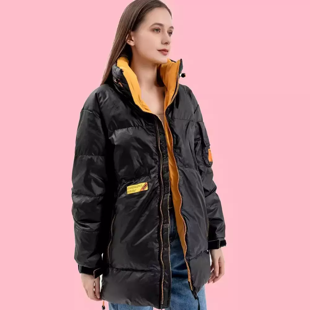 高端羽绒服女中长款大码加厚女式批发时尚立领拼接撞色棉服修身型