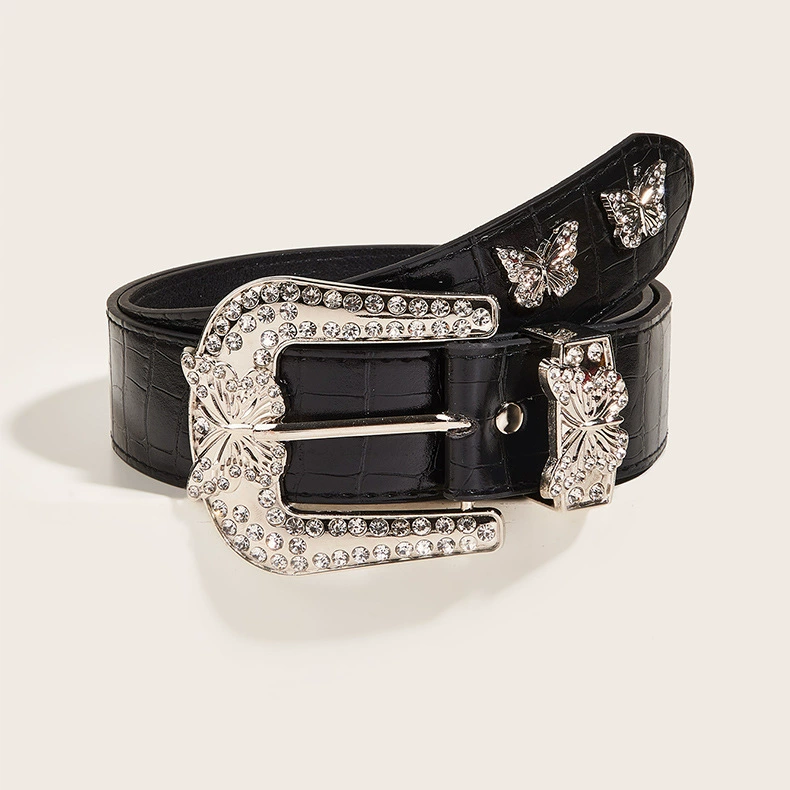 Retro belt, 105 cm, black, butterfly rhinestone buckle, 3.8 cm width