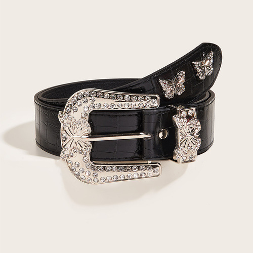 Belt for women American retro decorative butterfly diamond buckle personalized belt foreign trade black trouser belt wholesale