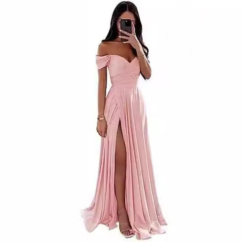 Amazon European and American Bridesmaid Dress, Long Gown, Slimming, Off-Shoulder, Bridesmaid Prom Formal Dress, Simple and Sexy with Slit