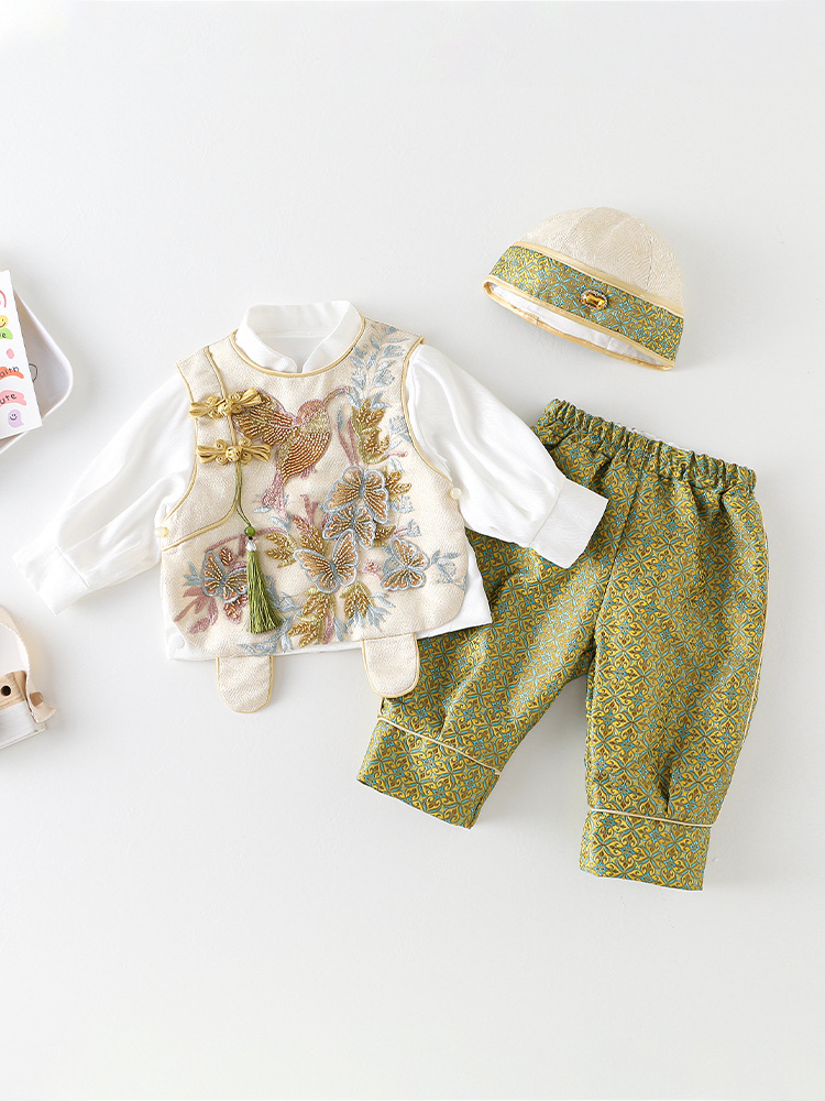 Primavera y otoño ropa de bebés estilo chino 100 días vestido de aniversario de bebés conjunto dividido para bebés pequeños Tang traje Hanfu captura semana