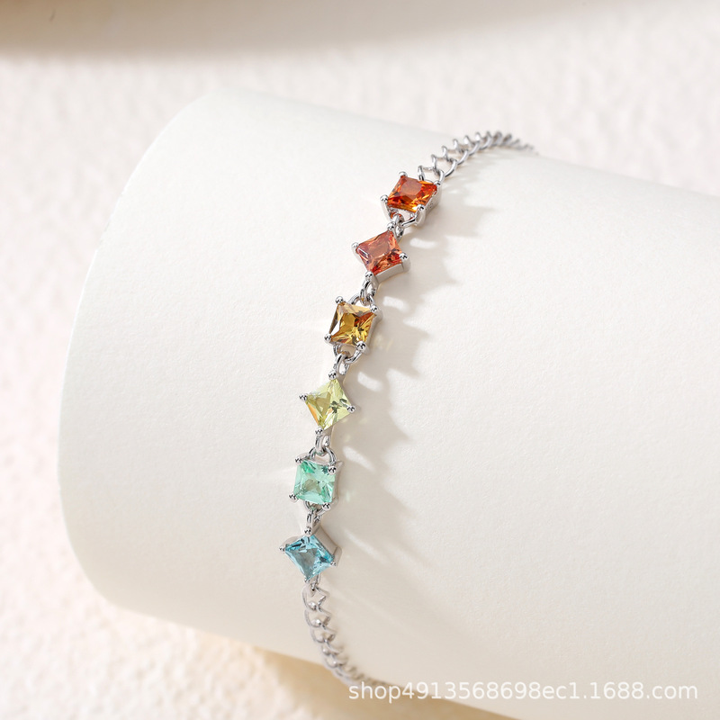 Cultivated Sapphire Starburst Radiant Rainbow Gradient Princess-Cut Irregular 925 Silver Bracelet with a Light Luxury and High-End Feel