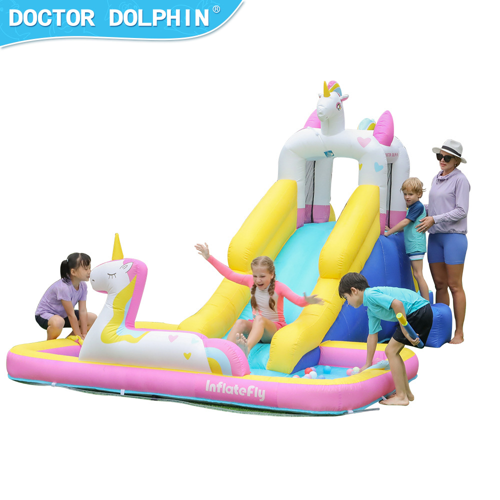 Dr. Dolphin | Castillo inflable para niños Paraíso interior Fiesta Pequeño castillo inflable con chorro de agua Hipercolador inflable para el hogar