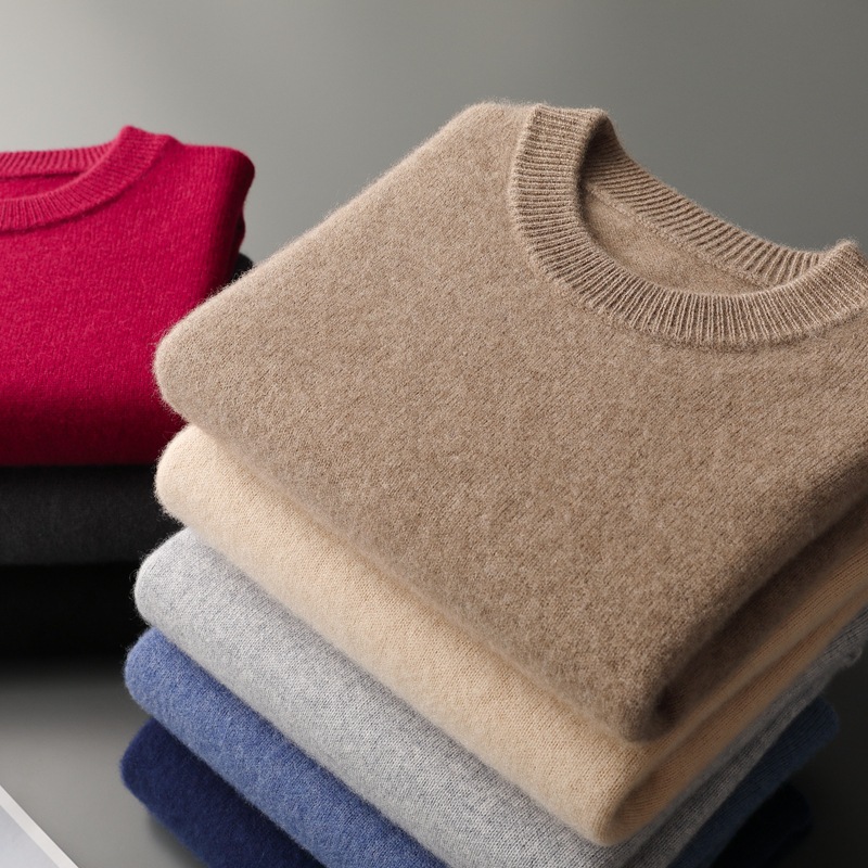 2025 Autumn and Winter Men's Thick Solid Color Cashmere Sweater Round Neck Casual Sweater Loose Casual Business Base Shirt