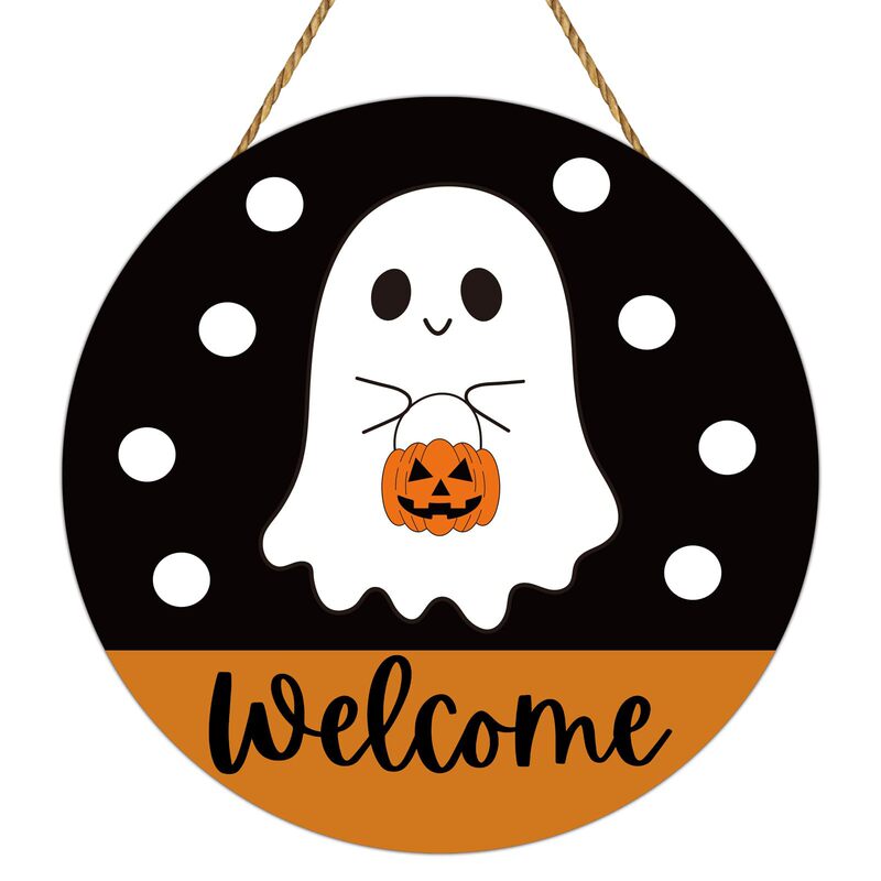 Halloween Decoration Halloween Wreath Cute Ghost Front Door Decor Hanging Sign Welcome Sign Wooden Front Door Hook