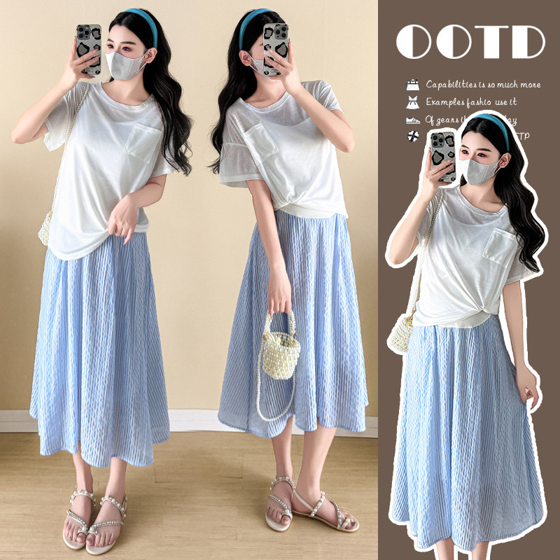 Real shot 2025 summer dress pregnant women suit summer with a set of dopamine Korean pure sweet two-piece set