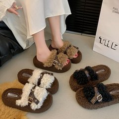 松糕毛毛拖鞋女外穿2025年秋冬新款小个子厚底增高棉拖百搭一字拖