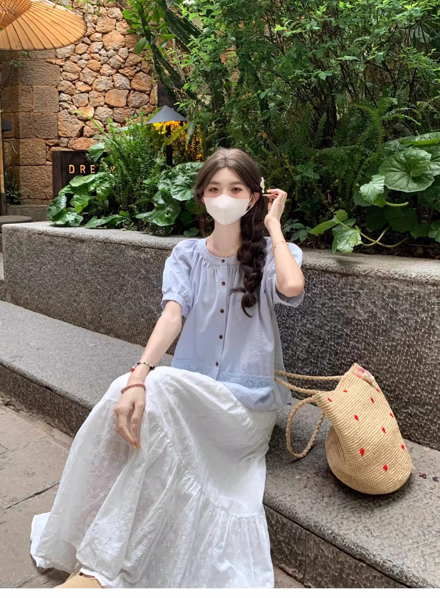 Áo sơ mi babydoll tay phồng vải lanh phong cách Pháp dành cho nữ — Màu xanh lam chi tiết 4