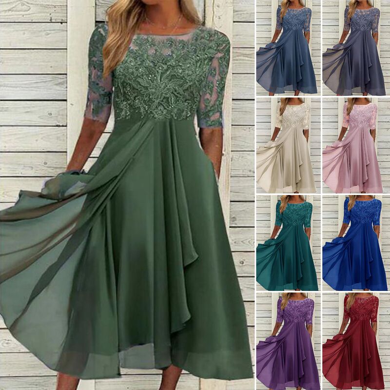 2025 European-style cross-border Amazon dress: chiffon patchwork with lace and cut-out details, long gown, bridesmaid dress, evening dress, women's clothing 2025 European-style cross-border Amazon dress: chiffon patchwork with lace and cut-out details, long gown, bridesmaid dress, evening dress, women's clothing
