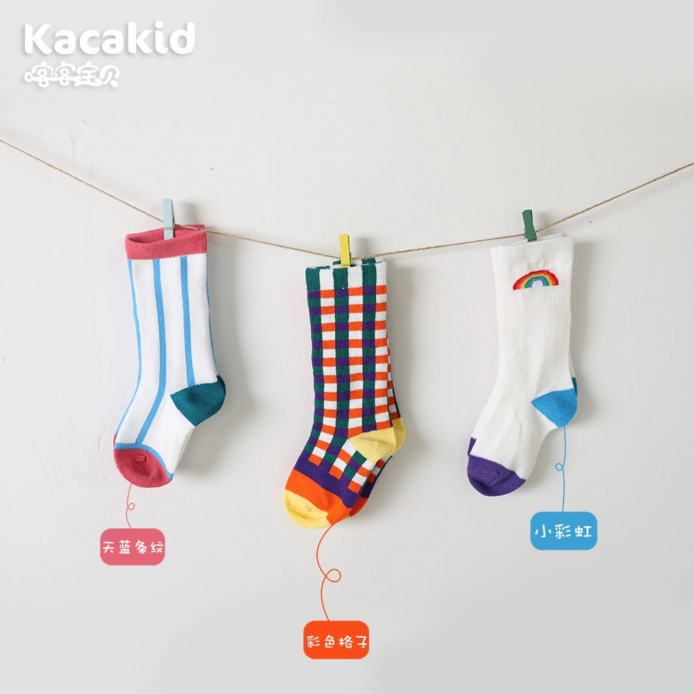 Ins Популярные в Интернете весенне-осенние детские носки для маленьких мальчиков и девочек, модные носки средней длины в клетку в полоску, Детские радужные модные носки
