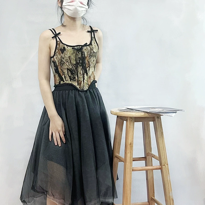 [25529新款夏秋色织提花猫双吊带百搭侧拉链胸衣外穿百搭小背心]