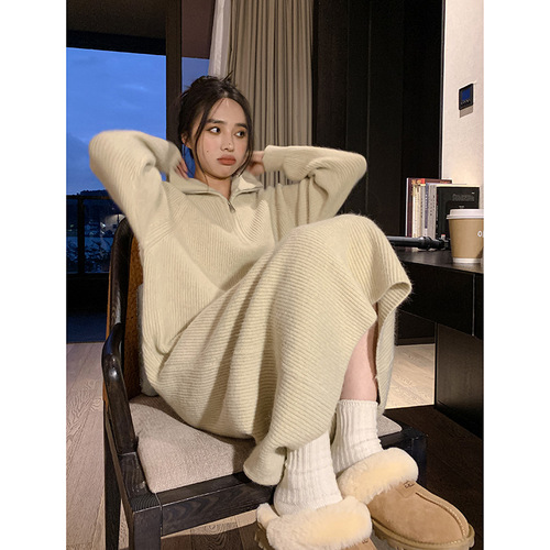 2025 Spring and Autumn Matching Coat Inner Long Dress with High-Gloss Goddess Style Long-Sleeve Knit Dress