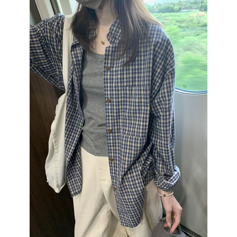 Korean Style Blue Plaid Long-Sleeved Shirt for Women Spring 2025 New Lazy Style Shirt Jacket Loose Slimming Look Top
