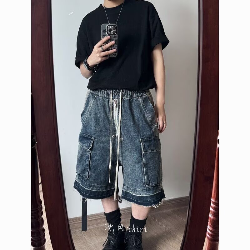 [Exclusively for Cross-Border Export] High Street Washed Multi-Pocket Straight-Leg Shorts with Raw Edges and Loose Denim Zipper Shorts