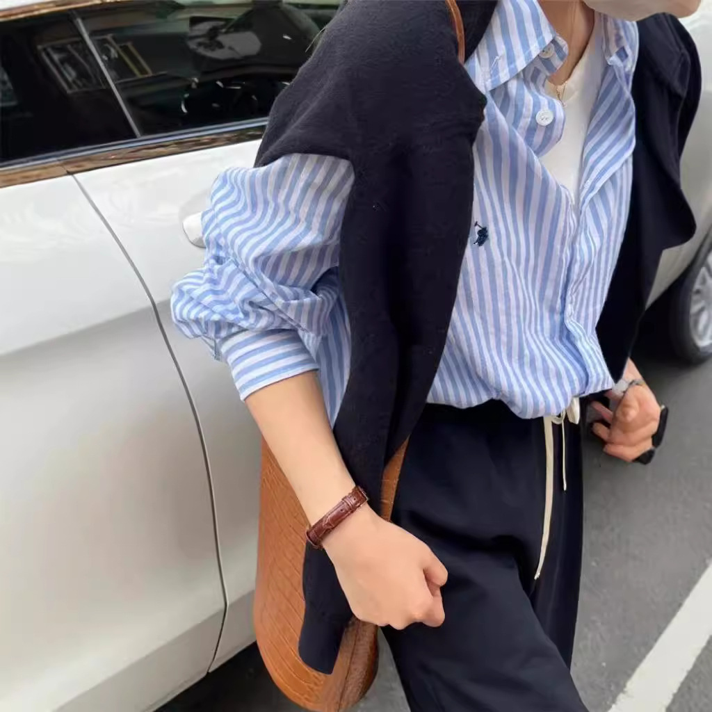 可扫码RL拉夫小马标刺绣慵懒感蓝条纹长袖衬衫百搭显瘦支持代发