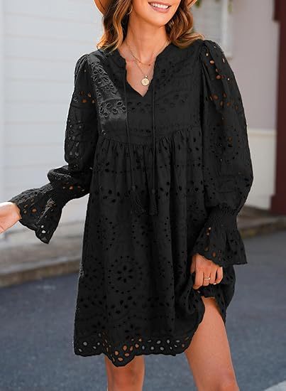 ChicShe Damenkleid 2024, lässig, mit Quasten, V-Ausschnitt, langen Ärmeln, A-Linie, Lochspitze, plissiertem Partykleid_voghion.com