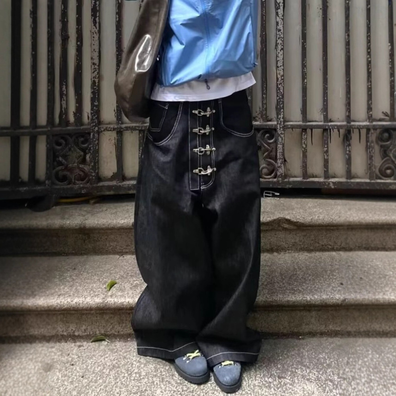 大码美式街头复古设计感丹宁原牛飞机扣baggy廓形弯刀水洗牛仔裤|undefined