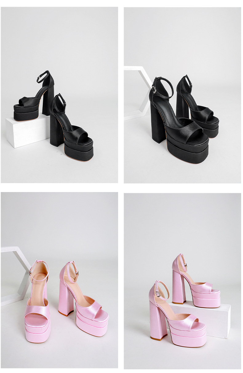 Sandal cao gót nữ mũi vuông rỗng gót vuông satin — Màu đen chi tiết 9