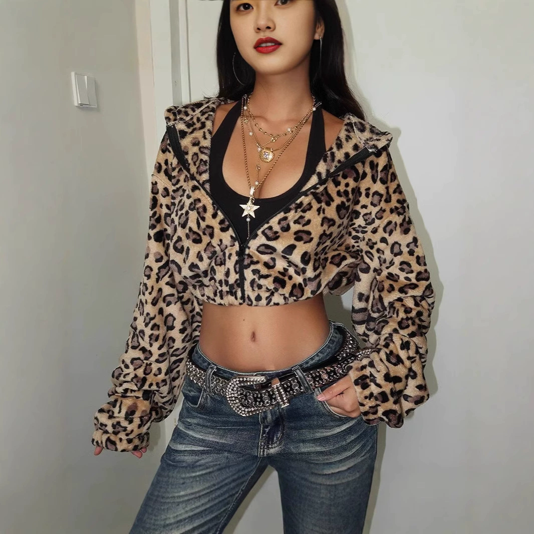 Европа и США трансграничные 2024 осень и зима новый бархатный леопардовый свитер с капюшоном