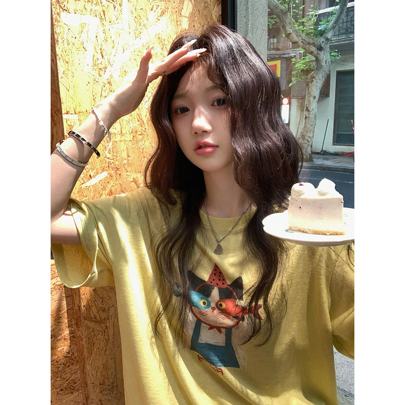 Zhang Beibei Ibell Mulberry Silk Linen Retro Oil Painting Cartoon Print T-Shirt Casual Versatile Short-Sleeve Top for Women