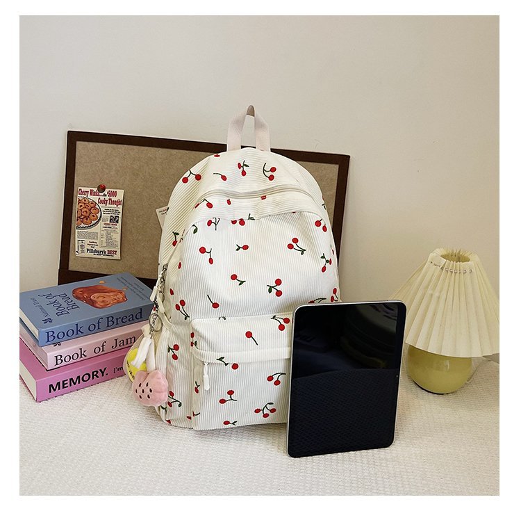 1197g Weight Polyester Lining Material Zipper Closure Type Double Shoulder Straps Strap Type Casual, School, Daily Occasion Corduroy Material Back To School Festival School Backpack Backpack Cherry Pattern All Seasons Season Women's Gender Cute Style Shell Shape Cherry Casual School Daily School Backpack 32