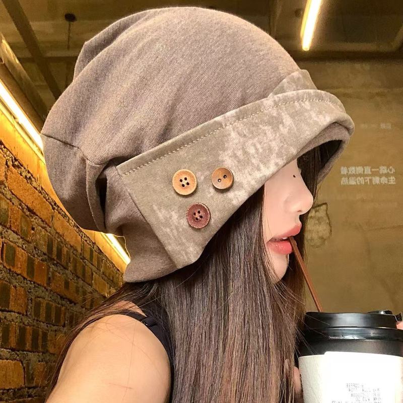 日系纽扣复古废土风堆堆帽女 小众百搭冷帽大头围显脸小包头帽子|undefined