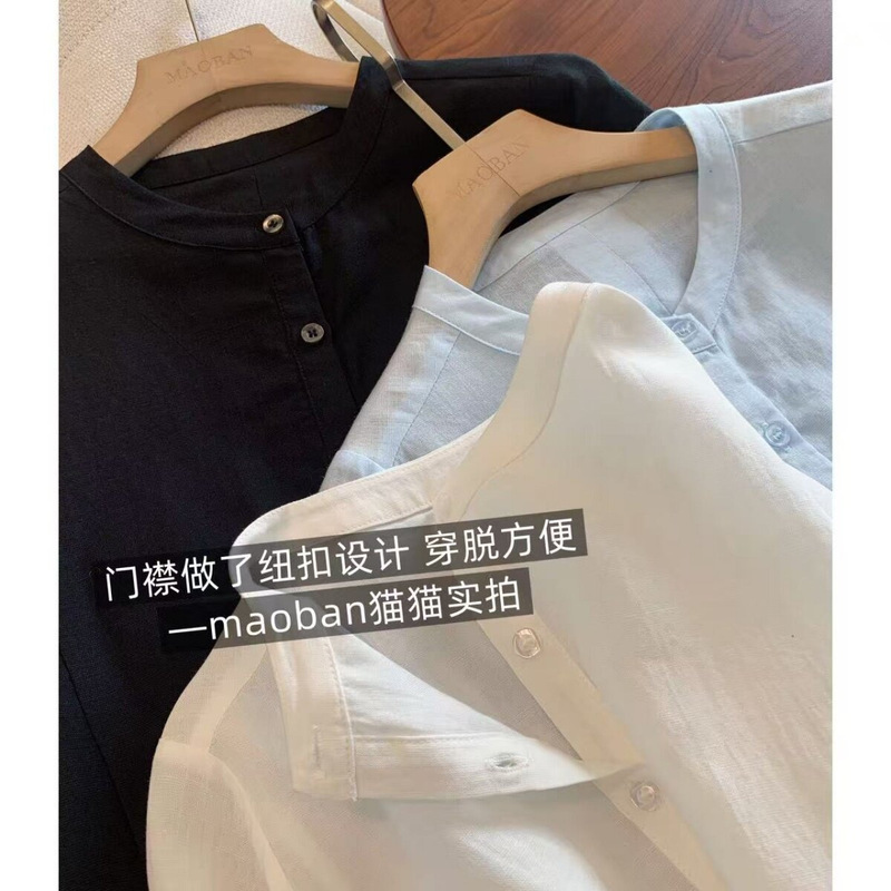 【Fishbone Line Blouse】Lightweight and Cool! Tencel Linen Anti-Wrinkle Comfortable Loose-Fitting Five-Quarter Lantern Sleeve Shirt for Women