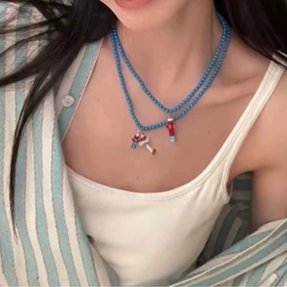 夏款小鱼蘑菇蓝色串珠项链小众设计感多巴胺彩色吊坠叠戴锁骨链女