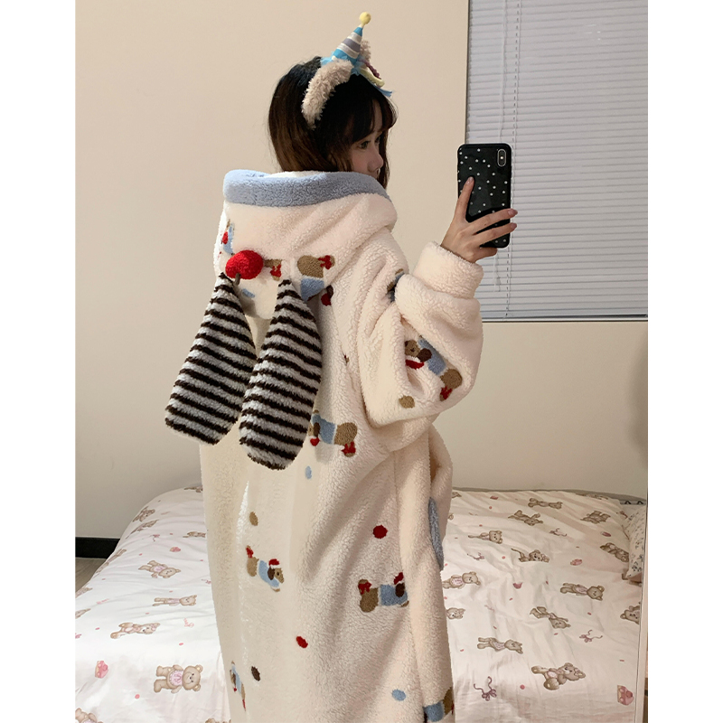 腊肠狗睡衣女秋冬新珊瑚绒加绒加厚睡袍家居服套装家居服女冬加厚